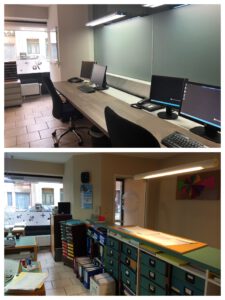 Voor en na foto's van de renovatie van een kantoorruimte, ontworpen door No Nonsense design. 
